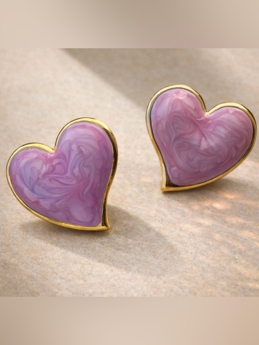 Pink Marbled Heart Statement Earrings – Gold Plated Stainless Steel Studs